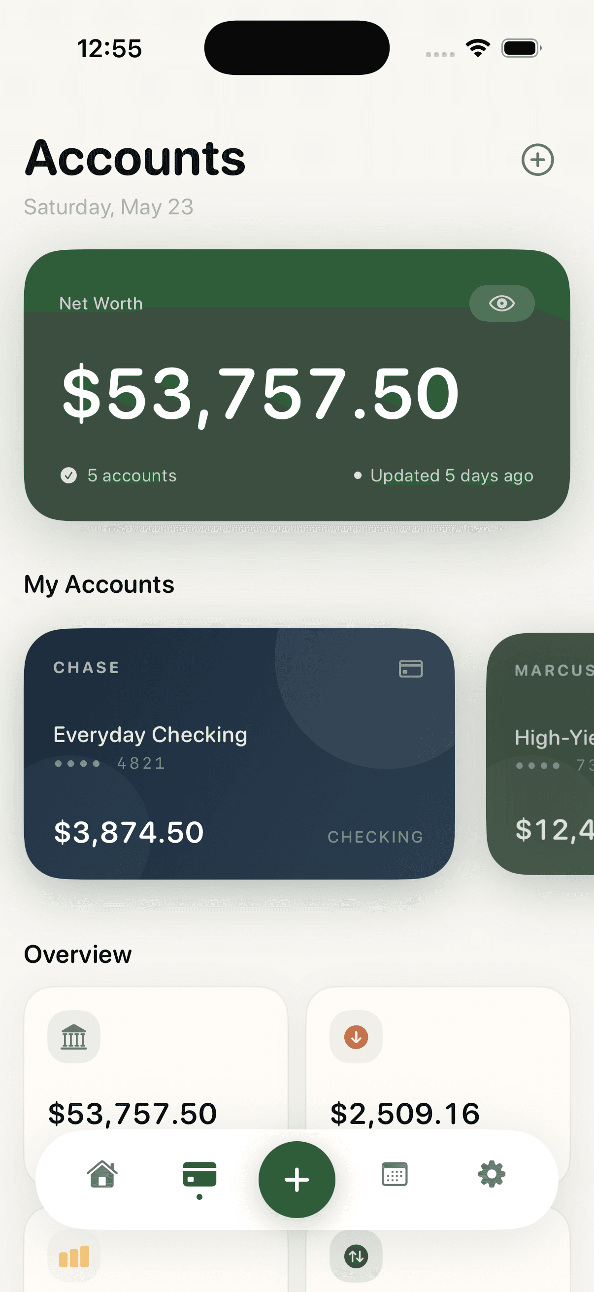 NookMoney accounts overview with net worth and linked accounts