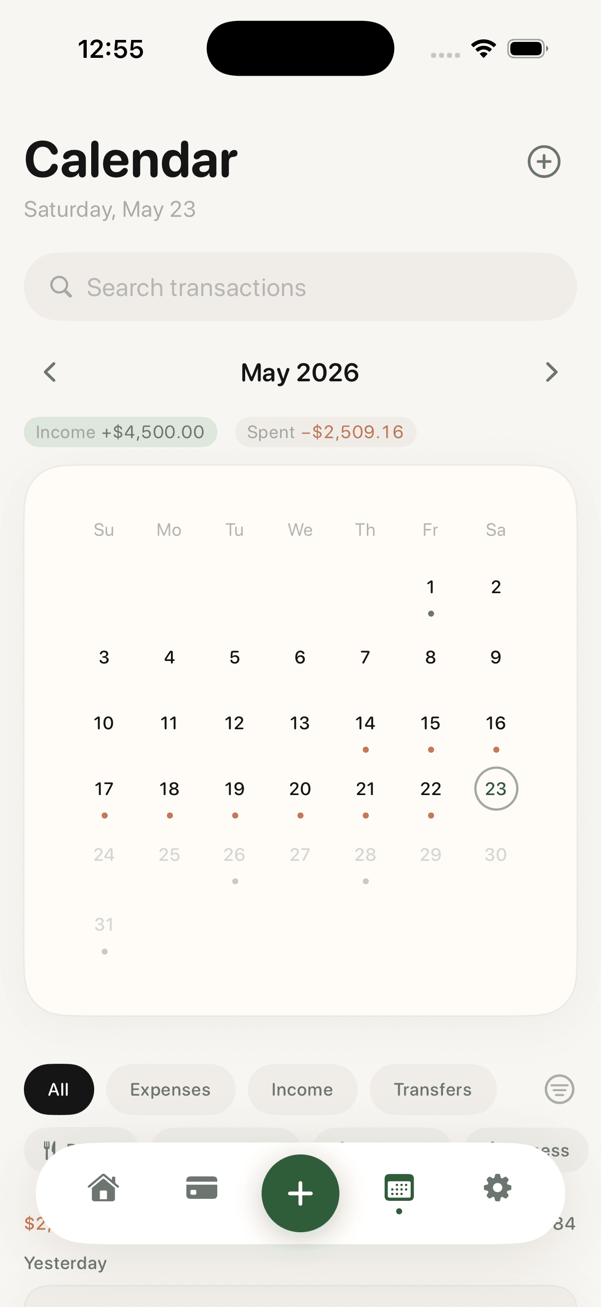 NookMoney calendar view showing income and spending by date