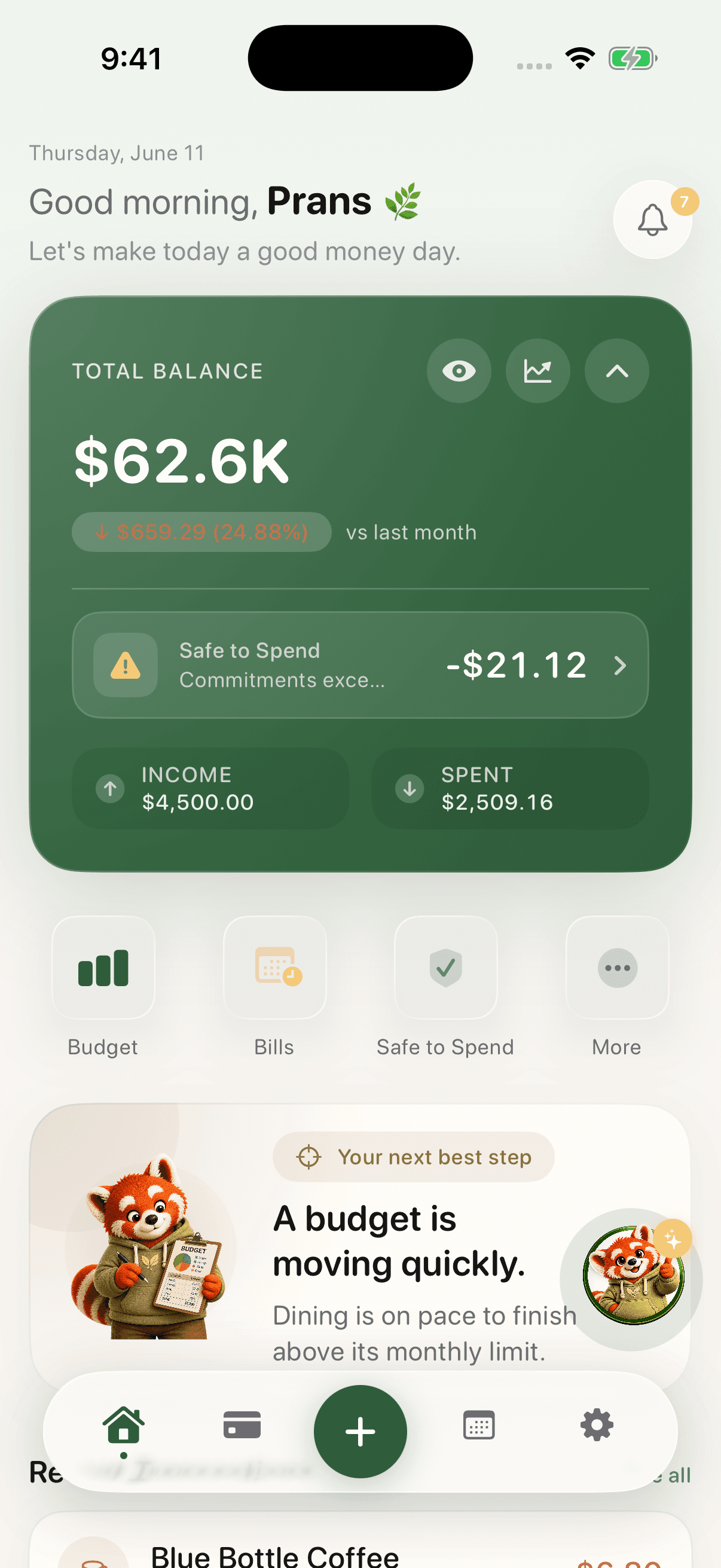 NookMoney dashboard showing total balance and recent transactions