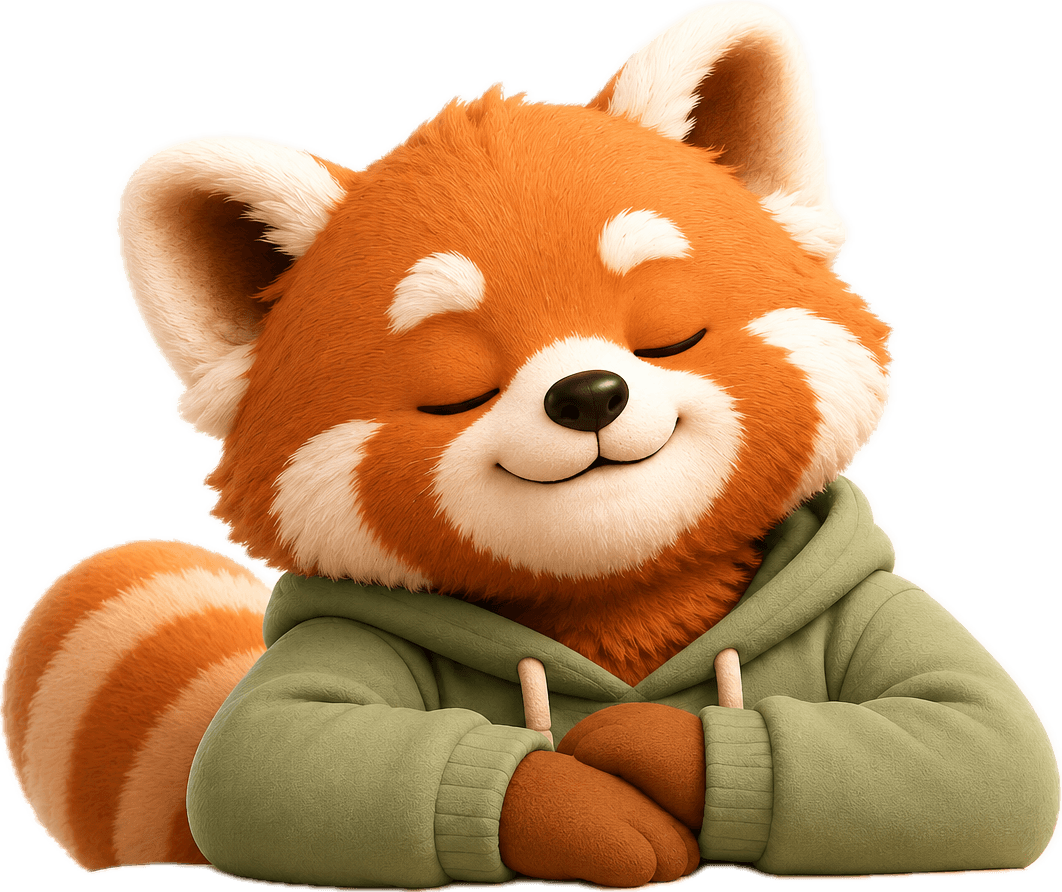 Nook, the NookMoney red panda mascot, looking relaxed