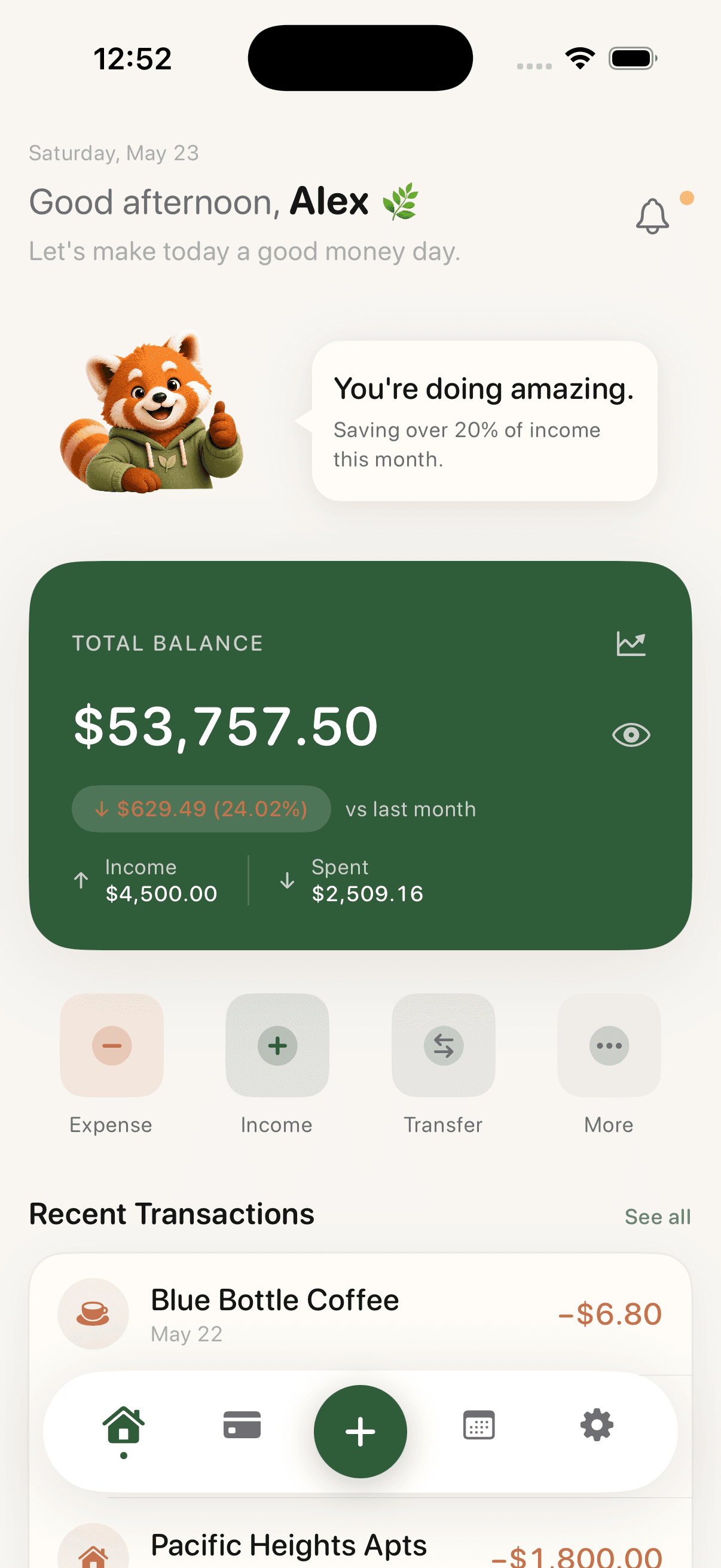 NookMoney dashboard showing total balance and recent transactions